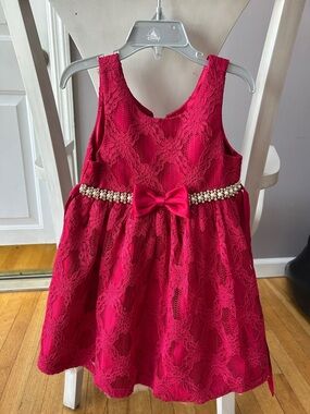 American Princess Red Lace Party Dress with Pearl Bow Accent